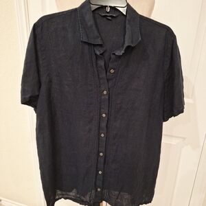 Lands End Womans Plus Size Blue Linen Short Sleeve Shirt